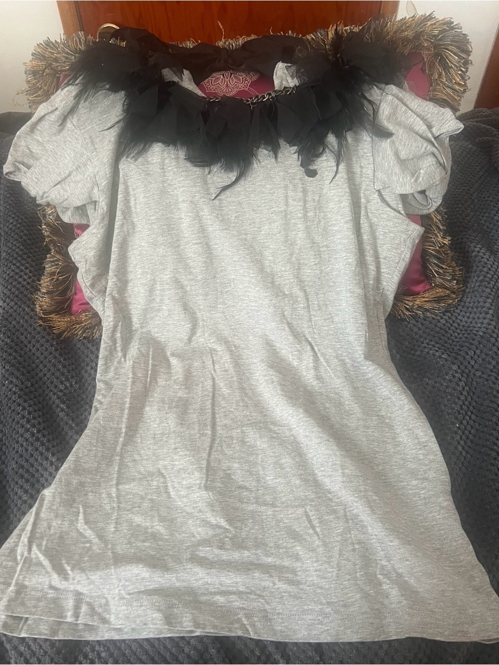 Vintage Tee with Black Lace Feather Chain Trim & Puff Sleeves